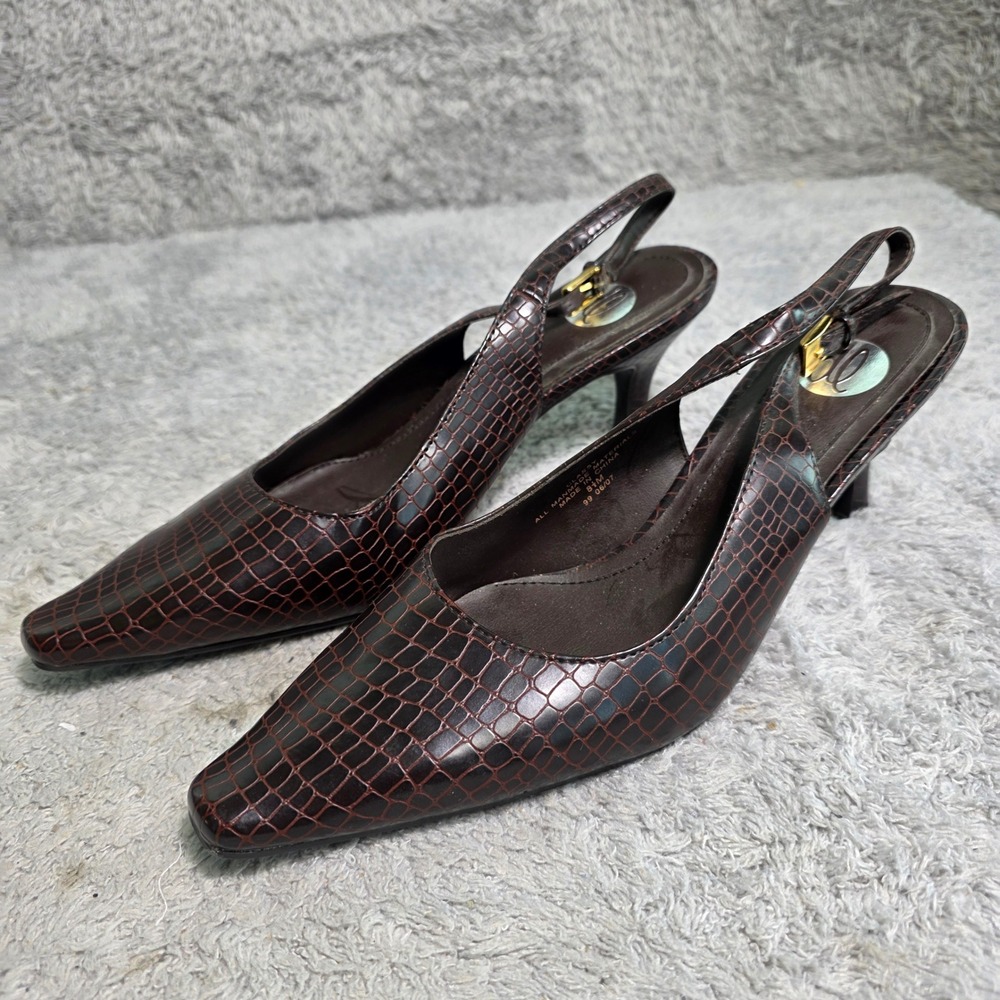 Donna Lawrence Classy Slingback Mules Heels Brown Croc Womens 8.5‎ M Excellent